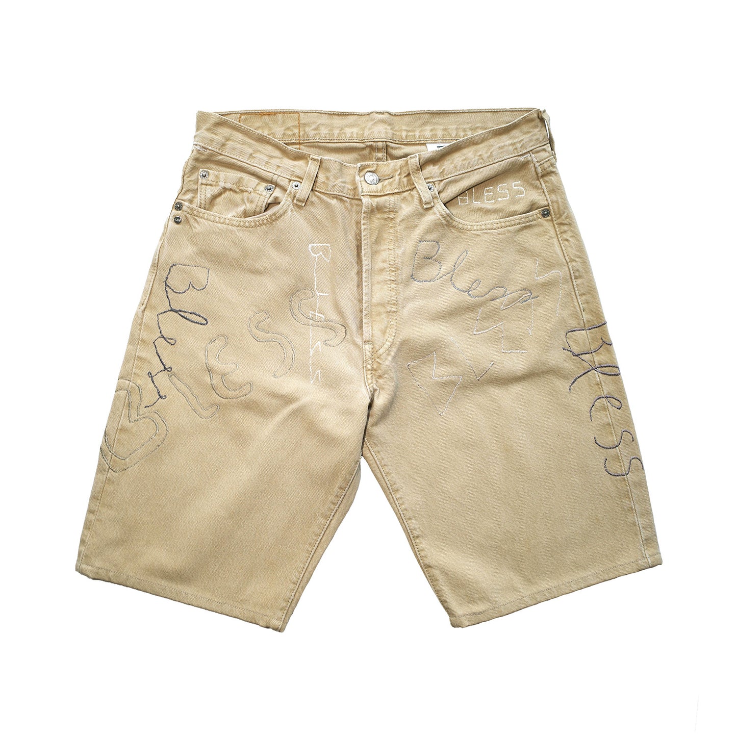 Nº74 Embroidery Shorts Beige Denim, Grey Embroidery